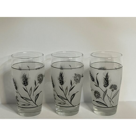 VTG Libbey Glass Company Silver Wild Flower Set of Three Flat Tumbler Glasses
